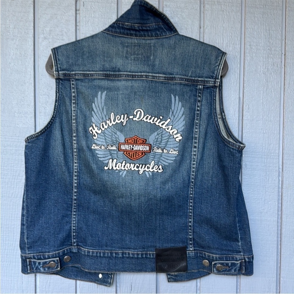 Harley-Davidson Blue Denim Jean Vest with White and Orange Logo